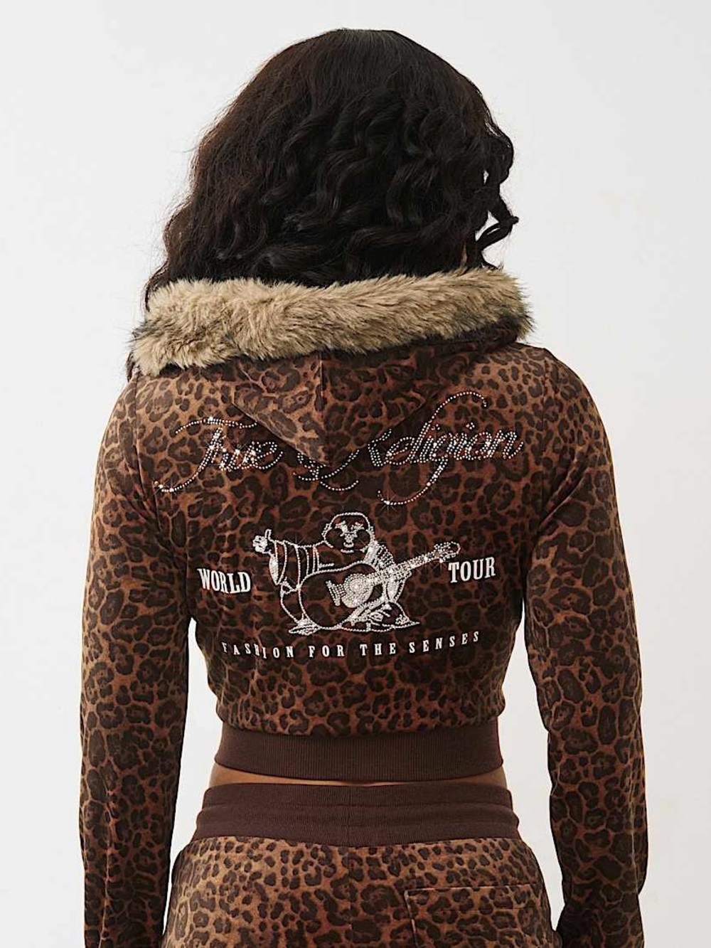 True Religion Leopard Print Teddy Jacket with Faux Fur Trim - Brown